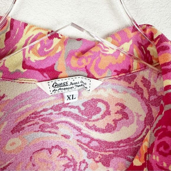 Guess Pink Floral Vintage 70s Button Down Blouse Long Sleeve Disco XL - Picture 6 of 9